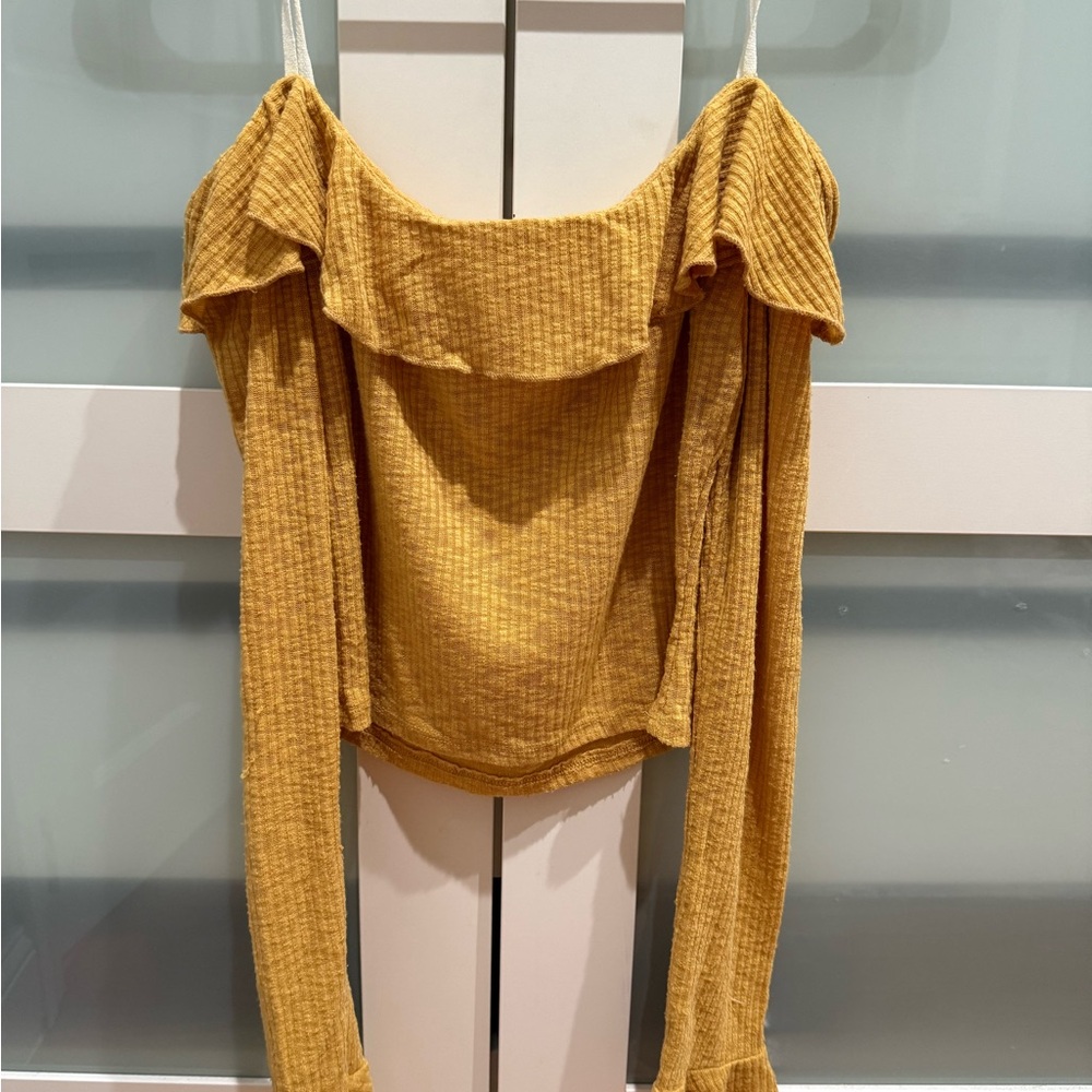 Mustard Ribbed Off-Shoulder Long Sleeve Cropped Top